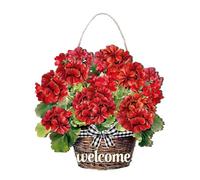 Benytro Placca di benvenuto floreale da appendere, geranio rosso, 28 cm | Dettaglio fiocco a scacchi, corda di iuta, spessore pannello 5 mm, porta d'ingresso, veranda, decorazione da parete interna