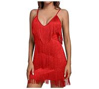 Beokeuioe Abito da donna anni '20 con scollo a V, lunghezza al ginocchio, Charleston, abito da festa, frange, in tulle, latino, jazz, da ballo, palcoscenico, teatro, carnevale, B rosso., L