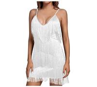 Beokeuioe Abito da donna con nappa, stile anni '20, scollo a V, lunghezza al ginocchio, Charleston, abito da festa, frange, in tulle, latino, jazz, da ballo, palcoscenico, teatro, carnevale, A