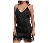 Beokeuioe Abito da donna con nappa, stile anni '20, scollo a V, lunghezza al ginocchio, Charleston, abito da festa, frange, in tulle, latino, jazz, da ballo, palcoscenico, teatro, carnevale, A nero, M