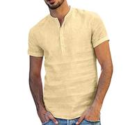 Beokeuioe Camicia da Uomo Senza Collo con Mezza Manica in Lino, Vestibilità Regolare, con Bottoncini, Estiva, T-Shirt in Lino da Uomo, per l'Estate, la Spiaggia, a Manica Corta, Blusa per Uomo