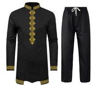 Beokeuioe Camicia e pantaloni da uomo a maniche lunghe, con bottoni, 2 pezzi, abito etnico tradizionale, abbigliamento africano, dashiki a maniche lunghe con pantaloni Middle East Thobe Arab, A nero,