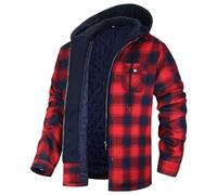 Beokeuioe Camicia in flanella a quadri con cappuccio, da uomo, trapuntata, vintage, calda, per le mezze stagioni, con fodera interna, Colore: rosso, XL