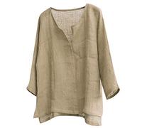 Beokeuioe Camicie estive da uomo in lino, maniche a 3/4, tinta unita, con scollo a V, leggera, comoda, traspirante, a maniche lunghe, Locker Flowy Streetwear, A1 Khaki., L