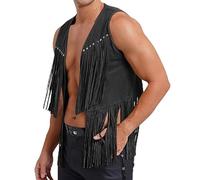 Beokeuioe Costume da cowboy, senza maniche, costume hippie, da uomo, con frange, in finta pelle scamosciata, gilet con frange, gilet indiano, stile retrò, stile vintage, A nero, M