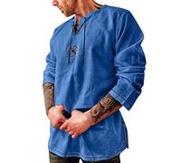 Beokeuioe Costume medievale da uomo con colletto alto, camicia rinascimentale, camicia medievale, da uomo, con scollo a V, camicia da pirata, B blu., XXL