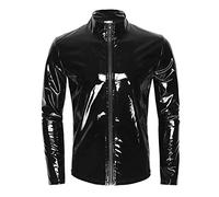 Beokeuioe Giacca da uomo effetto laccato, maglietta da uomo, effetto bagnato, maglietta in pelle laccata, con colletto alto, sexy, per feste, clubwear, effetto laccato, effetto bagnato, B nero, M