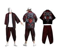 Beokeuioe Giappone Hippie Kimono Giacca da uomo con stampa 3D Kimono Primavera Estate Cardigan Coat Baggy Top Abbigliamento Giapponese Tradizionale Vestito Casual Ninja Costumi Haori, 001 nero, M