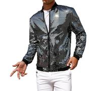 Beokeuioe Giubbotto bomber con paillettes da aviatore, da uomo, anni '70, da discoteca, con colletto alto, con chiusura lampo, per le mezze stagioni, per clubwear, A2 argento, L