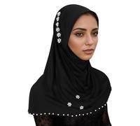 Beokeuioe Hijab da donna con perle musulmane sciarpa copricapo Hidjab islamico velo facciale turbante collo chemo berretto bandana fazzoletto per capelli jersey, Nero , L