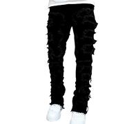 Beokeuioe Jeans da uomo con inserti, stile dritto e svasato, jeans a zampa dritta, patchwork, con strappi, lavaggio vintage, in denim sciolto, stile punk, jeans hip hop alla moda, jeans da skateboard