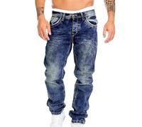 Beokeuioe Jeans da uomo in denim elasticizzato, in cotone, blu, nero, comodi e facili da pulire, da uomo, vestibilità normale, taglio dritto, elasticizzati, jeans basic washed