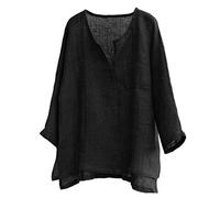 Beokeuioe Maglia estiva da uomo, con scollo a V, maniche a 3/4, leggera, comoda, traspirante, estiva, in lino, per il tempo libero, Nero , M