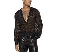 Beokeuioe Maglia in pizzo abbigliamento sexy profondo scollo a V maglietta da uomo in rete da pesce, maglia trasparente da uomo, A8 nero., S