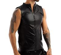 Beokeuioe Maglietta da uomo, slim fit, in lattice, effetto laccato, sexy, in pelle laccata, con colletto alto, hippie discoteca, discoteca, discoteca, C2 nero, XXL