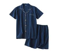 Beokeuioe Maglietta pigiama da uomo, in cotone con bottoni, estivi, set da due pezzi, a maniche corte, per la casa, da notte + pantaloncini, A blu marino, M