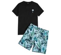 Beokeuioe Pigiama corto da uomo, in cotone, divertente maglietta + pantaloncini, pigiama estivo, pigiama da uomo, pigiama in due pezzi, pigiama da notte, A2 blu., M