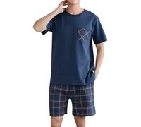 Beokeuioe Pigiama in cotone, da uomo, corto, estivo, da uomo, a maniche corte, da uomo, per l'estate, set da due pezzi, da uomo, Blu, XXXXL
