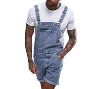 Beokeuioe Salopette corta da uomo, in jeans, retrò, in denim, skinny fit, con pietre lavate, streetwear, pantaloni da lavoro, jeans corti, A1 blu., M
