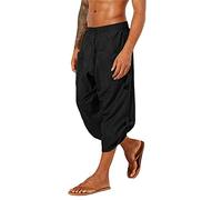 Beokeuioe Salopette da uomo Loose Fit a 3/4, in lino, leggeri e bohémien, con tasche, pantaloni da uomo, in cotone e lino, pantaloni elasticizzati, da spiaggia, per il tempo libero, A-1 nero., L
