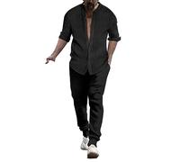 Beokeuioe Set completo estivo universale in lino, camicia e pantaloni, da uomo, a maniche lunghe, in lino, da uomo, a maniche lunghe, estivo, per il tempo libero, da spiaggia, Nero , L