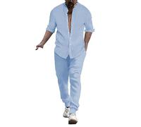 Beokeuioe Set completo estivo universale in lino, camicia e pantaloni, da uomo, a maniche lunghe, in lino, da uomo, a maniche lunghe, estivo, per il tempo libero, da spiaggia, Blu, M
