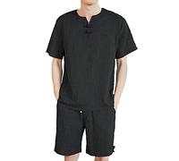 Beokeuioe Shorts&T-shirt, pigiama da uomo, corto, set di pigiama in cotone e lino, da spiaggia, in due pezzi, estivo, biancheria da notte, A nero, L