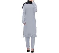 Beokeuioe Tuniche + pantaloni lunghi, 2 pezzi, vestito da preghiera musulmana, abito da preghiera islamica, musulmano, da donna, a maniche lunghe, islamico, Ramadan, Eid Mubarak, caftano, grigio., M