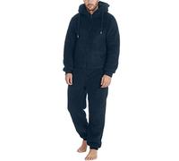 Beokeuioe Tutina Onesie con cappuccio, tuta da uomo, morbido pigiama in pile, pigiama in peluche termico, tuta intera, A blu marino, XL