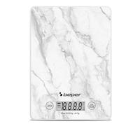 BEPER P102BIL004 Bilancia da Cucina Digitale, Piatto in Vetro Temperato, Funzione Tara, Display LCD Touch, Precisione 1g-5kg, Appendibile, Batteria Inclusa, Marmo Bianco