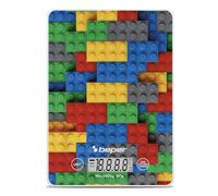 BEPER P102BIL005 Bilancia da Cucina Digitale, Piatto in Vetro Temperato, Funzione Tara, Display LCD Touch, Precisione 1g-5kg, Appendibile, Batteria Inclusa, Mattoncini colorati