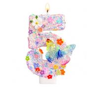 Beqilosa Candela di Compleanno Glitterata 5" con Farfalla e Fiore | Torta topper glitter rosa per donne e ragazze, decorazione per il primo compleanno, festa da principessa o baby shower
