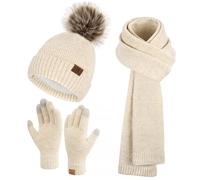 Bequemer Laden Donna Invernali Cappello Berretto con PON PON Lunga Sciarpa Sciarpe Touch Screen Guanti Set con Fodera in Pile, Regalo Donna