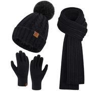 Bequemer Laden Donna Inverno Caldo Cappello Pompon Guanti Tattili Lunga Sciarpa Set Maglia con Fodera in Pile Regali Natale Donna, Z-Nero, Taglia unica