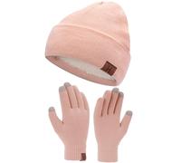 Bequemer Laden Set di guanti da lavoro invernali da uomo e da donna, con berretto e guanti da lavoro con fodera in pile, regalo per uomini e donne, rosa, Taglia unica