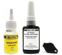 Ber-Fix Colla UV con lampada set di colla per vetro e vetro, metallo, 10 g, viscosità media 500 mPas vetro, pratico set di riparazione con torcia UV, 1 LED + 20 g di detergente speciale