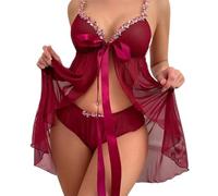BERCIELY Pigiameria Donna V Profonda Pizzo Set Lingerie Scollo all'Americana Set Sexy Nightwear A-Wine Red M