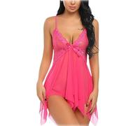BERCIELY Set Lingerie Pizzo Scollo all'Americana V Profonda Set Sexy Nightwear Pigiameria Donna A-Rose Red XL