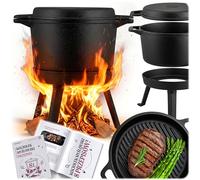 Berdsen Pentola in ghisa 8 l Dutch Oven - Pentola per fuoco per falò e barbecue, coperchio 2 in 1 utilizzabile come padella, con 3 gambe e ganci - incluso ricettario - nero