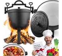 Berdsen Pentola in ghisa da 11 l olandese - pentola smaltata per falò e barbecue - cottura uniforme senza attaccarsi - con 3 gambe e ganci - incluso ricettario - nero