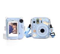 Berfea Custodia protettiva trasparente in cristallo compatibile con fotocamera istantanea Polaroid Fujifilm Instax Mini 13 con tracolla, adesivi e tasca per riporre foto, Blu, Custodia rigida