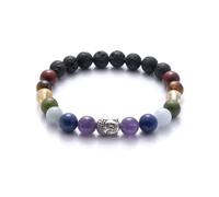 BERGERLIN 7 Chakra Bracciale con testa di Buddha, vera pietra naturale e perle di pietra lavica - 7 Chakra - Taglia XS-S