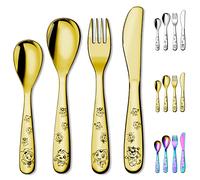 Berglander Oro Posate Mangiatrici giovani 4 pezzi in acciaio inox, placcatura oro titanio forchetta e cucchiaio di sicurezza, specchio Lucidato con bordo liscio, lavabile in lavastoviglie