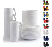Berglander Set di stoviglie in plastica bianca 24pcs per 6, set di piatti e ciotole riutilizzabili include piatti da pranzo, piatto da dessert, ciotole di cereali, tazze per casa, giardino, picnic