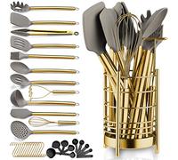 Berglander Set di utensili da cucina dorati 38 pezzi in silicone antiaderente, set di spatole a cucchiaio con robusto supporto per utensili in acciaio inossidabile
