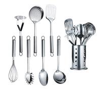 Berglander Utensile da cucina in acciaio inox 7 pezzi con 1 supporto, accordatore intagliato, mestolo, schiumarola, cucchiaio da portata, impasto per server, frullatore di patate, frusta per uova
