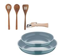 Bergner Click&Cook Set di 2 padelle Ø22 cm e Ø26 cm con manico estraibile in alluminio pressato+Set 3 utensili da cucina legno acacia
