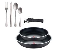 Bergner Click&Cook Set di 2 padelle Ø22Ø26 cm Alluminio pressato nero con manico staccabile+Set di 16 posate in acciaio inossidabile
