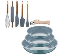 Bergner Click&Cook Set di 3 padelle Ø18Ø20Ø24 cm Alluminio pressato Verde con manico rimovibile+Set di 5 utensili da cucina in silicone e legno