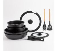 BERGNER, Set 10 PZS Pentole Easy Click nere, Padelle e casseruole con rivestimento antiaderente nero, Include coperchio e utensili, Manico staccabile, Adatto a tutti i fornelli